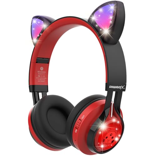 Riwbox CT-7 Cat Ear Bluetooth Headphones, LED Light Up Bluetooth Wireless Over Ear Headphones with Microphone and Volume Control for Travel/School/Smartphones/Laptop/PC/TV （Red&Black） - color: Red&Black