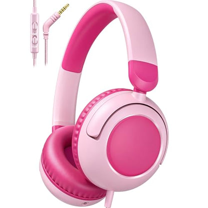 V8 Kids Headphones,Toddler Headphones with Mic, 85/94dB Volume Limiter, Tangle-Free 3.5mm, Stereo Sound, Shared Interface, Adjustable Portable Headphones for School & Travel （Pink） - color: Hot Pink