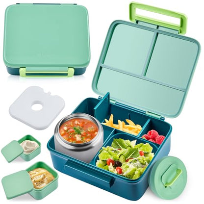 Bento Lunch Box for Kids with 8oz Soup Thermo Leak-Proof Lunch Food Containers with Snack Sauce Container for Kid Girls Boys to School, Green - color: Pure Green