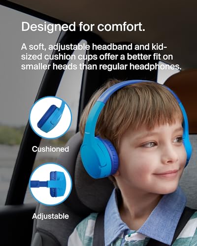 Belkin SoundForm Mini - Wireless Bluetooth Kids Headphones, 30H Battery, 85dB Safe Volume Limit, Built-in Microphone - Toddler On-Ear Earphones for iPhone, iPad - Ideal for School - Blue w/Case - color: Blue, style: Wireless (USB-C) + Case