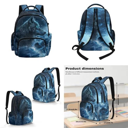 Blue Galaxy Wolf Backpack for Girls Boys Kids Backpack with Lunch Box and Water Bottle Holder Large Pencil Case 4PCS Set Bookbag with Front Pocket for School Teens 17 inch School Bag Gifts - color: Blue Galaxy Wolf