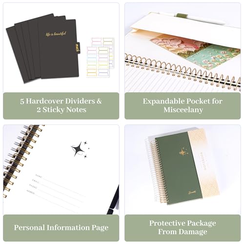 FLYING EAGLE Leather Spiral Notebooks for Work 5 Subject Notebook College Ruled with Dividers Pen, 360 Pages B5 Hardcover Lined Journals for Women Men Writing,Green - color: A.green