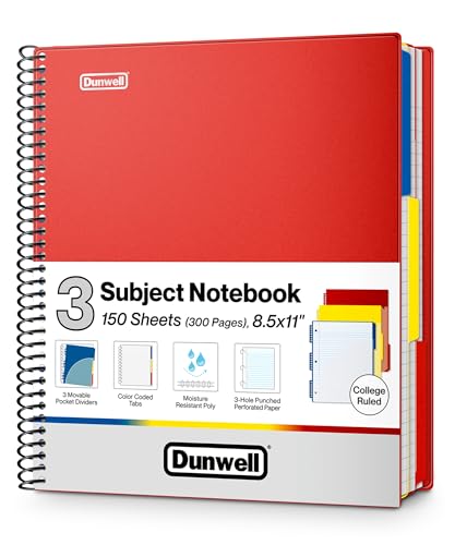 Dunwell 3-Subject Spiral Notebook College Ruled 8.5x11 (Red), 150 Sheets (300 Pages), Tabs, Color Movable Divider Pockets, Protective Plastic Covers, 3-Hole Punched Tear-Off Paper - color: Red