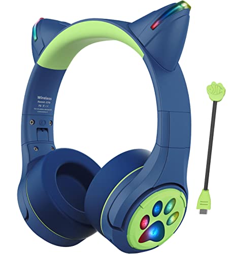 Riwbox CF9 Cat Ear Kids Bluetooth Headphones with LED Light Up,Safe 85dB Volume Limit,Built-in Mic&Boom Mic for Calls,Kids Wireless&Wired Headphones for Tablet/Airplane/School/Online Learning(Blue) - color: Blue