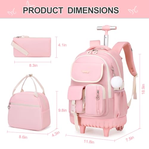 DIGOBAY Rolling Backpack for Girls, Girls Roller Backpack with Lunch Bag and Pencil Case, School Bookbag with Wheels for Elementary Middle High School Travel, Pink - color: Pink