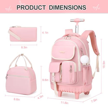 DIGOBAY Rolling Backpack for Girls, Girls Roller Backpack with Lunch Bag and Pencil Case, School Bookbag with Wheels for Elementary Middle High School Travel, Pink - color: Pink