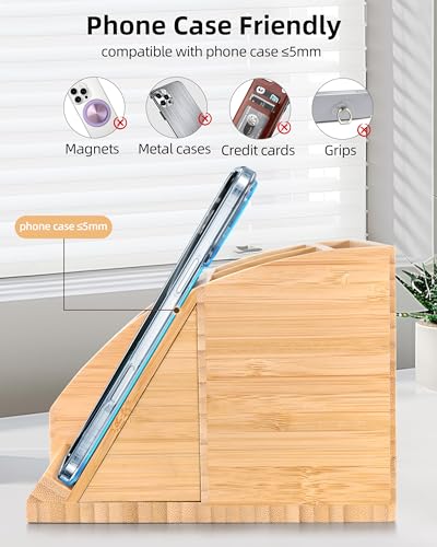 Bamboo Pen Holder with Wireless Charger, Desk Organizer with 5 Compartments for Home Office Supplies Compatible with iPhone & Samsung Series - color: Natural