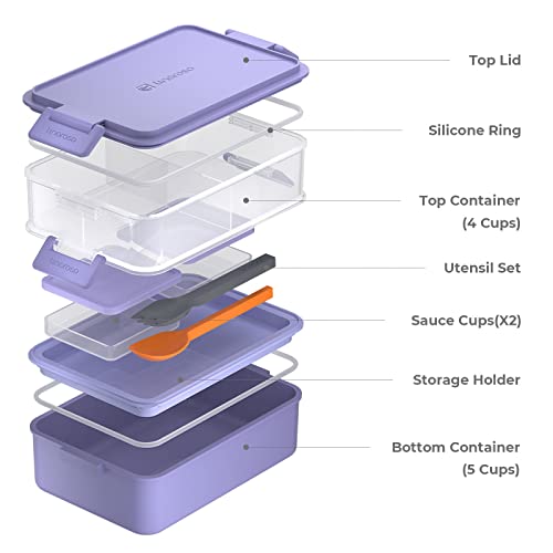 linoroso Stackable 2-Tier Adult Bento Box, 4 Compartments - Veri Peri | leakproof bento lunch box with fork & spoon + sauce cups, microwave/dishwasher safe, perfect for office, school & daily meals - color: Veri Peri