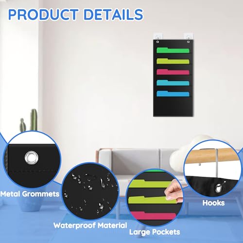 ZKOO 5 Pockets Hanging Wall File Organizer for A4 Size Paper/Legal/Letter Size Document, Sturdy Wall Mail Organizer Black Pocket Chart Great for Classroom, Office, Home Use with 2 Hangers - size: 5 Pocket