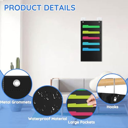 ZKOO 5 Pockets Hanging Wall File Organizer for A4 Size Paper/Legal/Letter Size Document, Sturdy Wall Mail Organizer Black Pocket Chart Great for Classroom, Office, Home Use with 2 Hangers - size: 5 Pocket