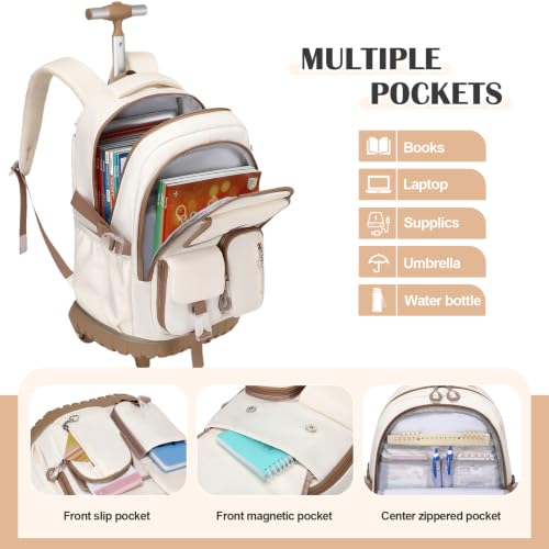 DIGOBAY Rolling Backpack for Girls, Girls Roller Backpack with Lunch Bag and Pencil Case, School Bookbag with Wheels for Elementary Middle High School Travel, Khaki - color: Khaki