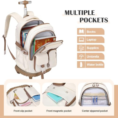 DIGOBAY Rolling Backpack for Girls, Girls Roller Backpack with Lunch Bag and Pencil Case, School Bookbag with Wheels for Elementary Middle High School Travel, Khaki - color: Khaki