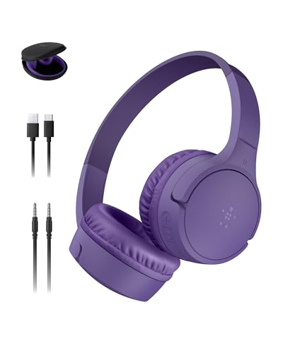 Belkin SoundForm Mini - Wireless Bluetooth Kids Headphones, 30H Battery, 85dB Safe Volume Limit, Built-in Microphone - Toddler On-Ear Earphones for iPhone, iPad - Ideal for School - Purple w/Case - color: Purple, style: Wireless (USB-C) + Case