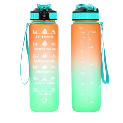 32 oz Motivational Water Bottle with Time Marker,Water Bottles with Times to Drink and Straw with Carrying Strap,Perfect For Fitness Gym Outdoor,BPA Free (Orange & L-Green Gradient) - color: Orange & L-Green Gradient
