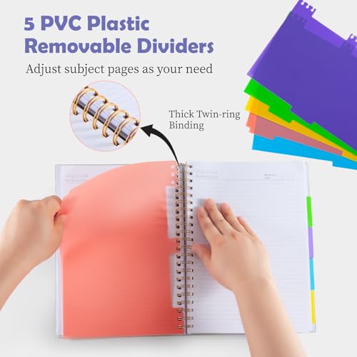 Hardcover Leather Spiral Notebook 8.5" x 11" with Removable Dividers, 300 Pages 5 Subject College Ruled Notebook for Work with Tabs, A4 Spiral Journal for Women Men, School Students Note Taking, Pink - color: 5 Subject Pink