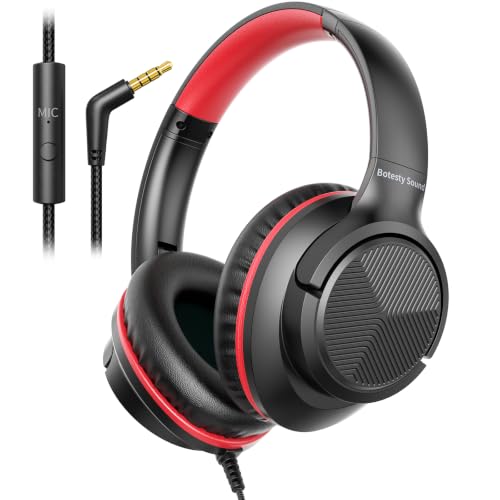 Botesty Sound Headphones Wired with Microphone, Over Ear Foldable 3.5mm Plug in Headphones Corded with 4.9ft Tangle-Free Nylon Cord for Tablet, Laptop, MP3/4, School, Airplane Travel (Black Red) - color: Black Red