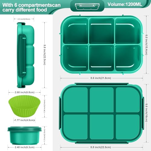 Amathley Lunch Box Kids Girls Boys,Bento Box Adult,Toddler Lunch Containers for School,Leakproof Snack Containers with 6 Compartments,Sauce Container,10 Food Picks and 4 Muffin Cups (Green) - color: Green