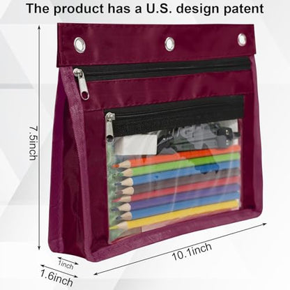 YoeeJob 2 Pack 1 Inch Expandable Zipper Pencil Pouches with Clear Window for 3 Ring Binder, Suitable for School & Office（Wine-red） - color: Wine-red