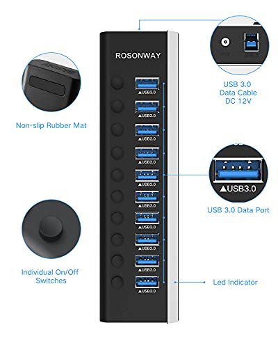 Powered USB Hub, Rosonway Aluminum 10 Port USB 3.0 Data Hub with 36W (12V/3A) Power Adapter and Individual On/Off Switches USB Splitter(RSH-A10) - size: 10-Port Powered USB Hub