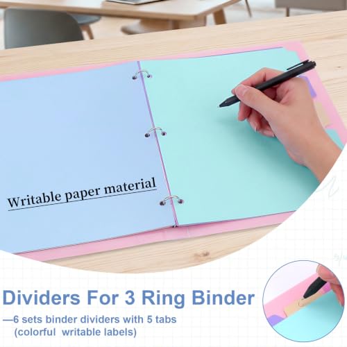 6 Sets 30 Pcs Binder Dividers with Tabs for 3 Ring Notebook Index Pages | Colorful Paper Writable and Preprinted 5 Tabs, 8.5 × 11 Inch Organizing Documents Files For School Office Home