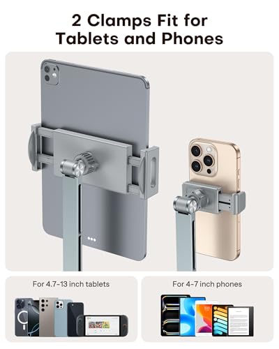OMOTON GH03 Tablet Holder with 2 ABS Clamps, Aluminum Long Arm Mount, Grey | C-Clamp Base with 360°Rotation Fits Desk, Bed, Side Cabinet, Kitchen, Adjustable Tablet Stand for 4-13" iPad Pro/iPhone - color: Grey