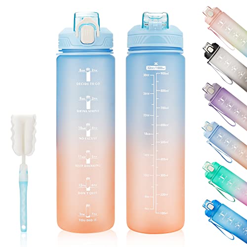 YC Kitchen Motivational Water Bottle with Time Marker- 32oz Water Bottles with Times to Drink, Leakproof & BPA Free Sports Water Bottle with Straw & Carry Strap for Fitness, Gym, and Outdoor Sports - color: Blue/Orange Gradient, size: 32 Ounces