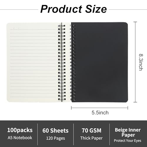 miikoul 100 Packs A5 Spiral Notebooks, Black Ruled Notebooks Bulk, 8.0"×5.6", 60 Sheets/120 Pages, Hardcover Lined Journal Notepad Travel Notebooks for Office and Back to School Supplies - color: Black, size: 100 Pack