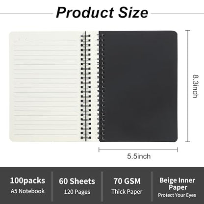 miikoul 100 Packs A5 Spiral Notebooks, Black Ruled Notebooks Bulk, 8.0"×5.6", 60 Sheets/120 Pages, Hardcover Lined Journal Notepad Travel Notebooks for Office and Back to School Supplies - color: Black, size: 100 Pack