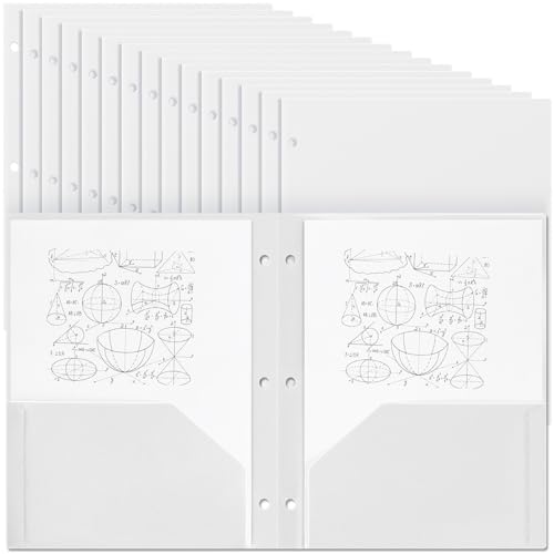 Yeaqee 50 Pcs Plastic Folders with Pockets Bulk 3 Hole Punched 2 Pocket File Folders for 3 Ring Binder Divider Folder for Notebooks, Durable Poly for Office Home (White) - color: White