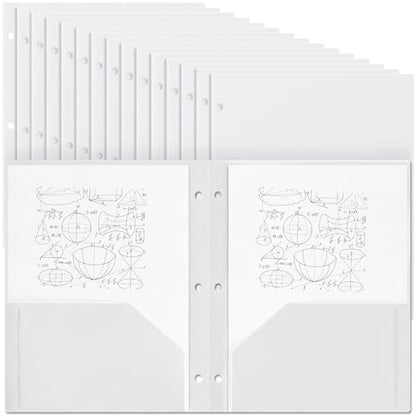 Yeaqee 50 Pcs Plastic Folders with Pockets Bulk 3 Hole Punched 2 Pocket File Folders for 3 Ring Binder Divider Folder for Notebooks, Durable Poly for Office Home (White) - color: White
