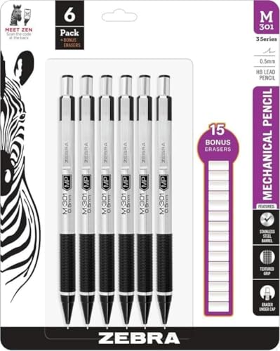 Zebra Pen M-301 Stainless Steel Mechanical Pencils, 0.5mm Fine Point HB Lead Pencil, 6 Pack with 15 Bonus Eraser Refills