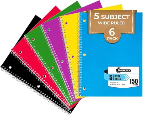 Rosmonde 5 Subject Notebook Wide Ruled, 6 Pack, 300 Pages (150 Sheets), 8 x 10-1/2", 5 Subject Spiral Notebook with Dividers, Thick Paper Fights Ink Bleed, 3 Hole Punched, Spiral Notebooks for School | No-Bleed Paper, 8 x 10-1/2", 5 Subject Spiral Noteboo