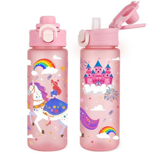 Princess Kids Water Bottle for School 22oz with Straw Pop-Up Spout Cover and Carry Handle, Leak Proof Water Cup for Girls, Plastic Waterbottle for Sport Travel - color: Princess Pink, size: 20.3 Ounces