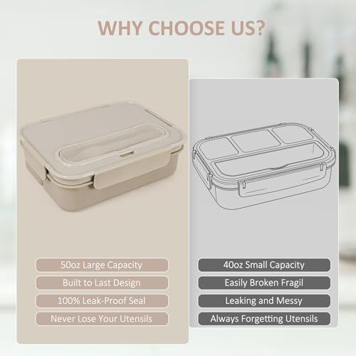 Caperci Bento Box Adult - 50 oz Large Lunch Containers for Adults and Teens, 4-Compartment Bento Lunch Box with Utensils & Leak Proof Sauce Cup, Dishwasher Safe, Durable, BPA-Free (Mocha) - color: Mocha