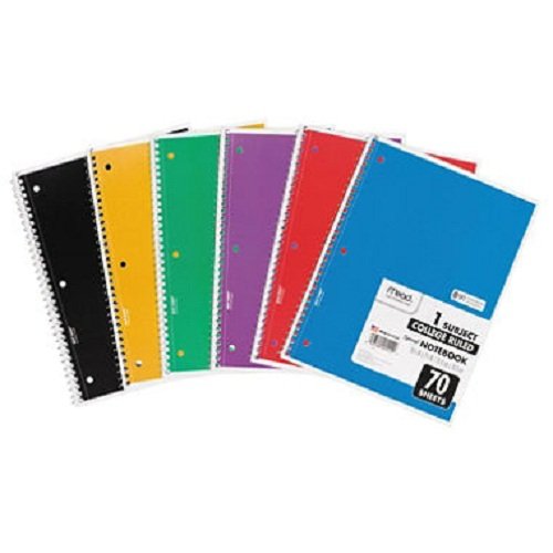 Mead Spiral Notebook, College Ruled, 1 Subject, 70 Sheets, 8 x 10.5 Inches, Assorted Colors (05512) Pack of 2 by Mead