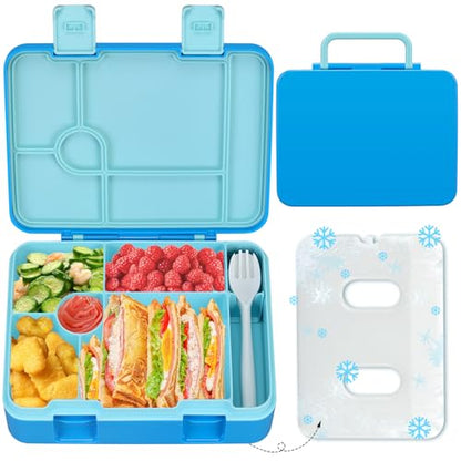 Kids Bento Lunch Box with Ice Pack, 5 Compartments Leak-Proof Bento Box with Utensils, 5.5-Cup Capacity for Adults & Ages 8+, BPA Free, Microwave & Dishwasher Safe, Blue - color: Blue