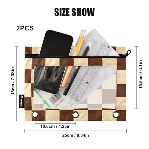 Burlywood Chessboard Binder Pouches 3 Ring for Boys Girls School Office College Supplies Yellow Buffalo Plaid Gold Pencil Pouches Case Bag with Clear Window and Zipper 2 Pack - color: Burlywood