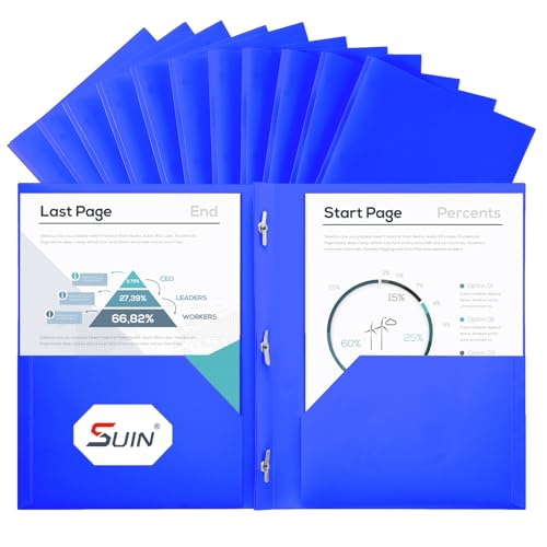 SUIN Plastic Project-Folder with 2 Pockets and 3-Prong Fasteners, for US Letter Size, Bulk Pack Color File-Folder for US Letter Size Papers, Ideal for School & Office, (Blue) - color: Blue