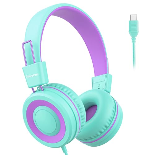 Cowyawn USB Type C Kids Headphones for School, Wired Toddler Headphones, 94dB Volume Limited, HD Stereo Sound, Foldable Lightweight On-Ear Wired Headphones for Kids/Children/Teens/Boys (Purple Green) - color: Purple Green