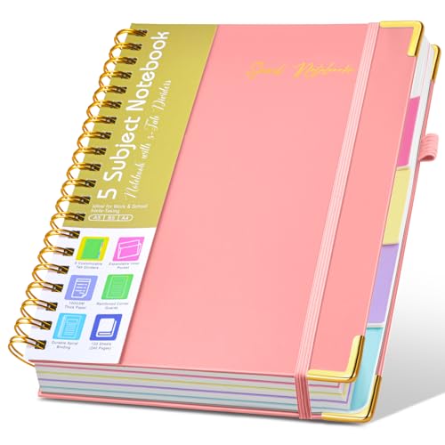 Hardcover Spiral Notebooks for Work, 5 Subject Notebook College Ruled with Dividers Tabs, Lined Organizer Notebook Journal for women, 8"x10" Large B5 Notebooks for School Note taking, 240 Pages Pink - color: Paper-pink, size: B5（8" x 10"）