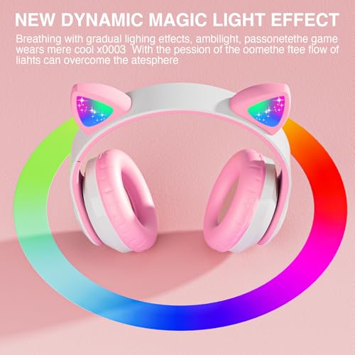 Bluetooth Noise Cancelling Headphones for Kids,Foldable Cat Headphone with LED Light Up Ear,Cat Ear Headphones for Toddler with Microphone/TF Card,Kids Bluetooth Earphones for ipad - color: Pink