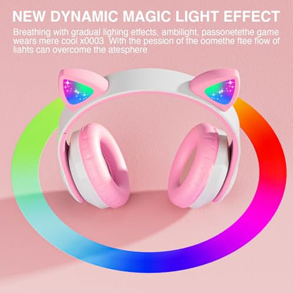 Bluetooth Noise Cancelling Headphones for Kids,Foldable Cat Headphone with LED Light Up Ear,Cat Ear Headphones for Toddler with Microphone/TF Card,Kids Bluetooth Earphones for ipad - color: Pink