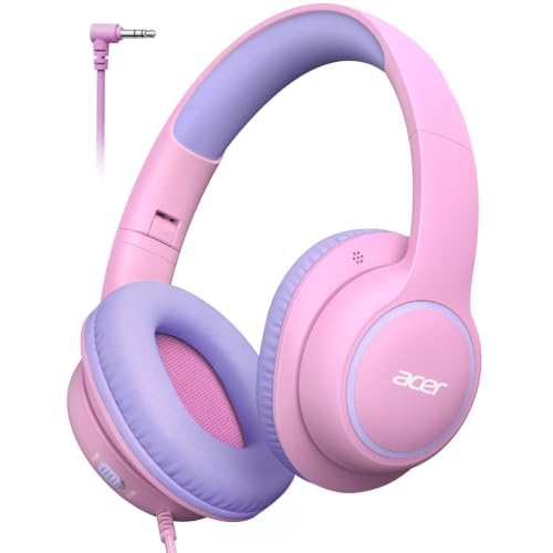 Acer Kids Headphones Wired for School - Over Ear Design, 85/94dB Safe Volume Limit, 3.5mm Jack Foldable Headphones for Toddler Boys Girls Classroom Yoto Player Chromebook Travel (Pink Purple) - color: Pink Purple