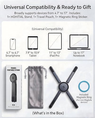 4-in-1 Foldable Laptop Stand, Magnetic Phone Holder & Multi-Angle Tablet Riser, 8-Level Ergonomic Height Adjustable Aluminum Travel Stand Compatible with MacBook, iPad, iPhone, Gunmetal Grey