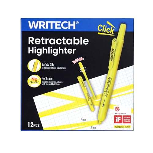 WRITECH Retractable Highlighters Chisel Tip: Fluorescent Yellow Ink Highlighter Marker Pens No Bleed & Smear Pack for Home School Office (12ct Yellow) - color: Yellow, size: 1 Count (Pack of 12)