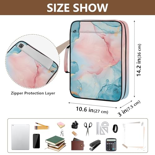 ALAZA Blue Teal Pink Marble Zipper Binder with Handle, 7-Pocket Expanding File Folder, Detachable 3-Ring Binder, File Organizer for Home Office Work A4 Letter Size Paper Document