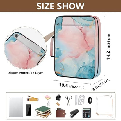 ALAZA Blue Teal Pink Marble Zipper Binder with Handle, 7-Pocket Expanding File Folder, Detachable 3-Ring Binder, File Organizer for Home Office Work A4 Letter Size Paper Document