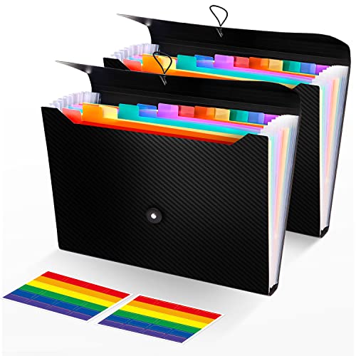 2Pcs Expanding File Folder, 13 Pockets Accordion File Holder Organizer, A4 Letter Size Paper Document Receipt Organizer Accordian Filing Folder for Classroom, Home, Office and Travel - color: 2pcs-black+multicolor