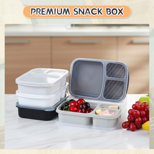 Honeydak 5 Pack Snack Containers 3 Compartment Bento Snack Boxes Divided Meal Prep Containers with Lids Reusable Adults Lunch Food Storage Box for School Work Travel(Black White) - color: Black White