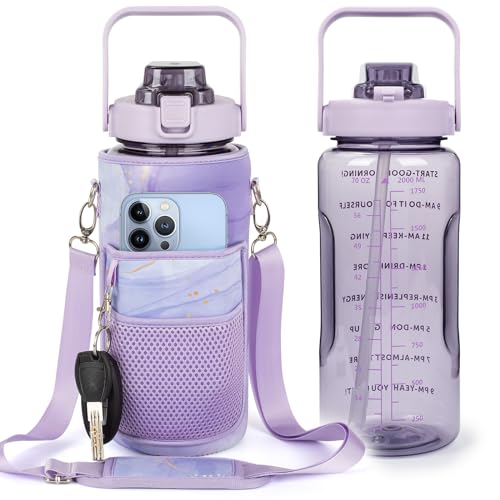 Half Gallon Water Bottle with Sleeve, 64OZ Motivational Water Bottle | Water Jug with Straw, Time Marker, BPA Free, Leakproof, Gym Water Bottle for Sport Workout - color: Purple